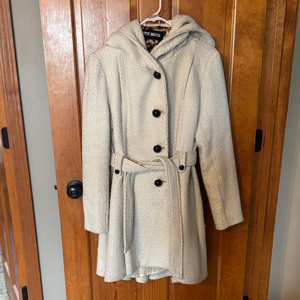 Steve Madden Cream Hooded Belted Coat